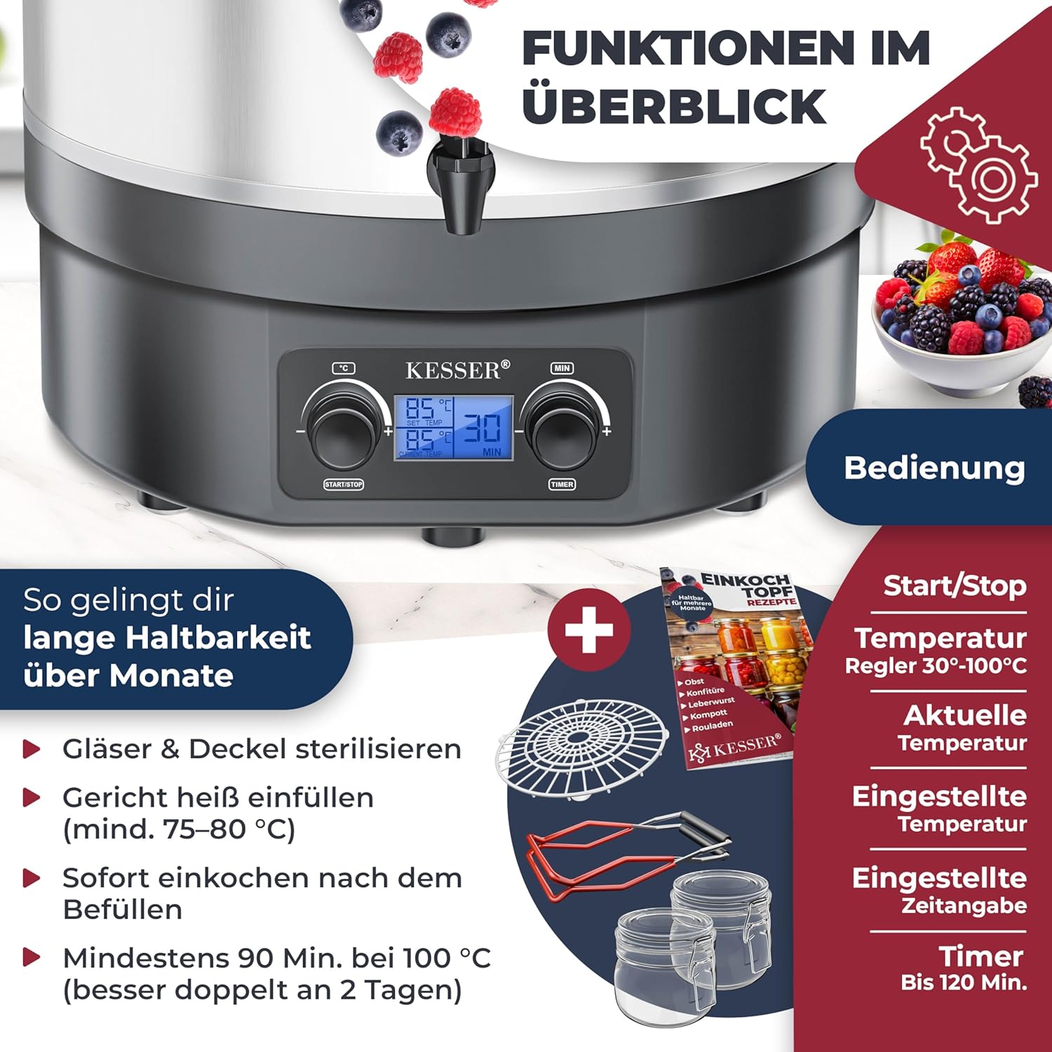 KESSER Einkochautomat 27 Liter Glühweinkocher Glühweinkessel mit Timer 2000 Watt Temperatur von 30-100°C Zeituhr bis 120 Minuten und Dauerbetrieb Abschaltautomatik Einkochvollautomat 2 Gläser & Zange