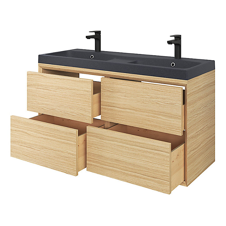 Meuble sous vasque à suspendre GoodHome Avela placage chêne 120 cm + Plan vasque en résine noir Mila