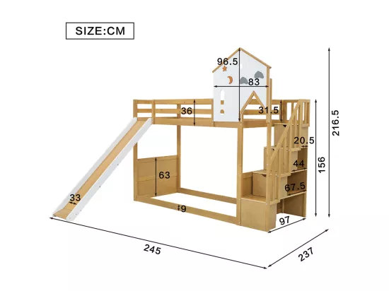 Lit superposé 90x200 cm Lit d'enfant Lit avec escalier d'angle avec toit et fenêtre avec 3 casiers dans l'escalier Blanc+Naturel