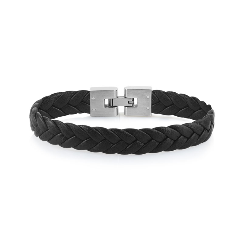 Bracelet acier et cuir noir tressé 19 cm