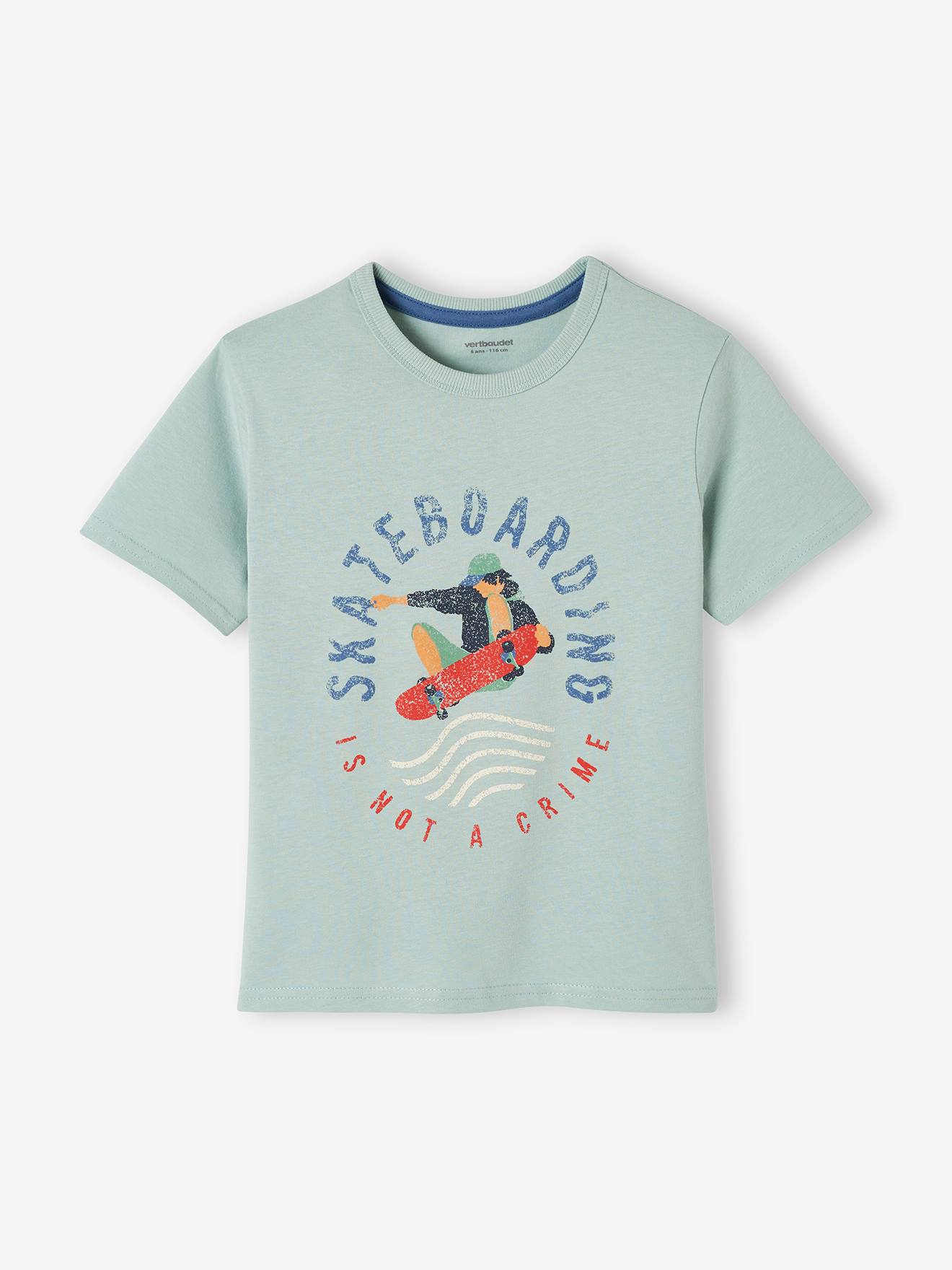 Camiseta de manga curta com estampas gráficas, para meninos, lisa, branca clara com motivos.