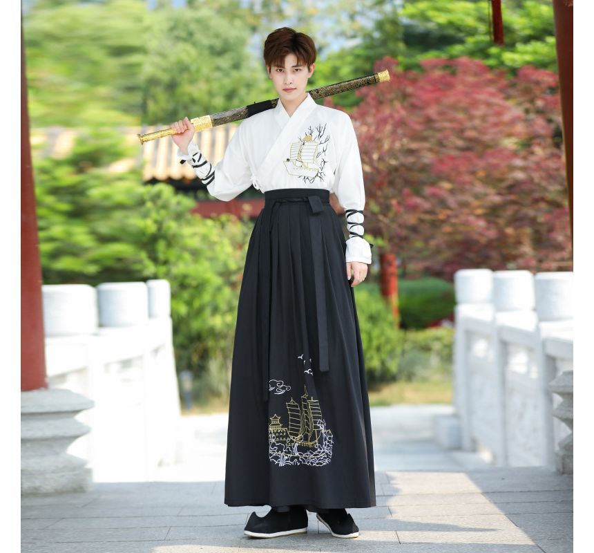Tangier - Schip geborduurd Hanfu gewaad / Top met lange mouwen / Maxi rok / Arm mouwen / Set