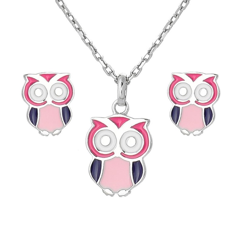 Parure hibou émail coloré Argent 925 Rhodié