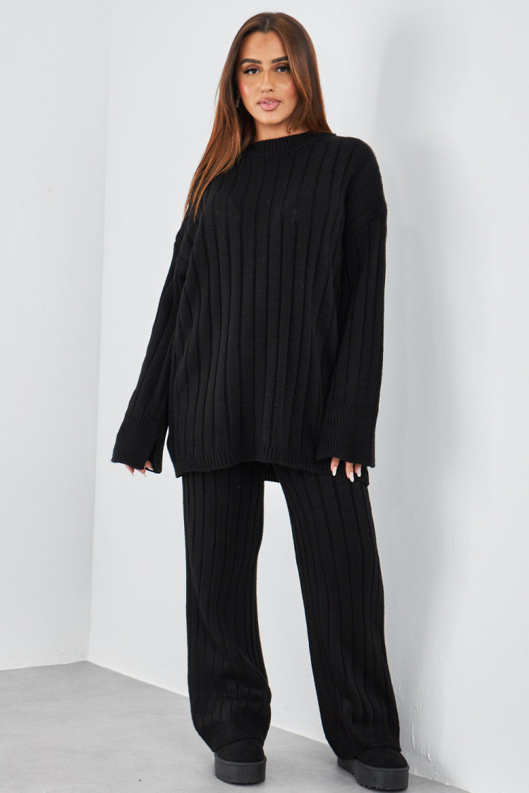 Ensemble 2 pièces pull long + pantalon en laine noir