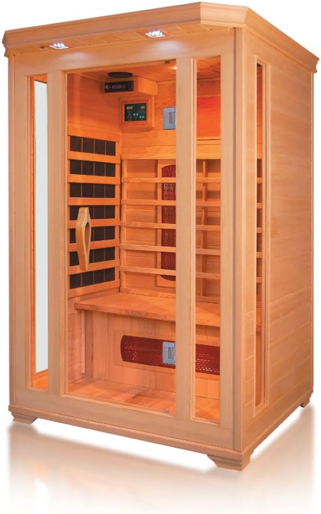 Infrarotkabine Oslo Alpha – Tiefenwärme für optimale Entspannung, 2 Personen, kanadisches Tannenholz, Bluetooth-Soundsystem, Farblichttherapie, 3 Vollspektrumstrahler, 3 Karbonstrahler