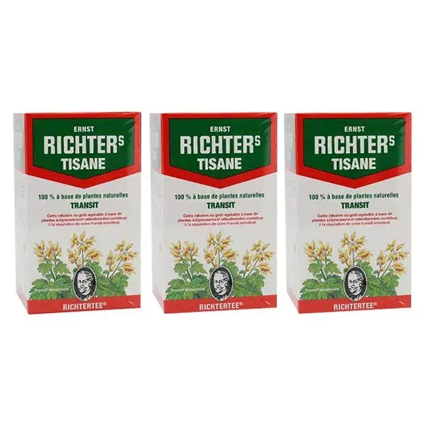 Pacote de transporte com 3 sachês de 20 sachês cada, contendo o chá de ervas Ernst Richter.