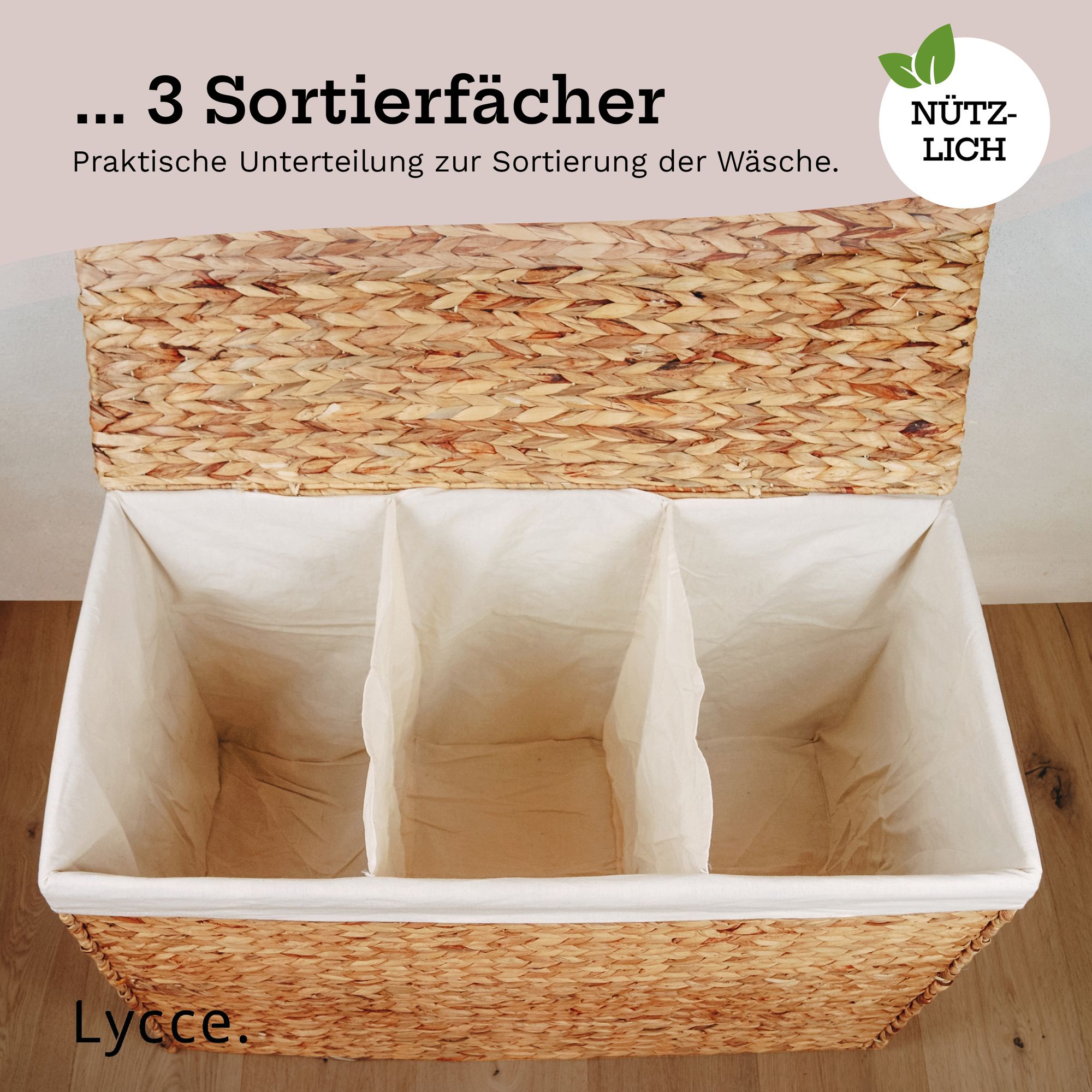 Lycce Wäschesortierer aus Wasserhyazinthe 150L, 3 Fächer, Stoffeinsatz