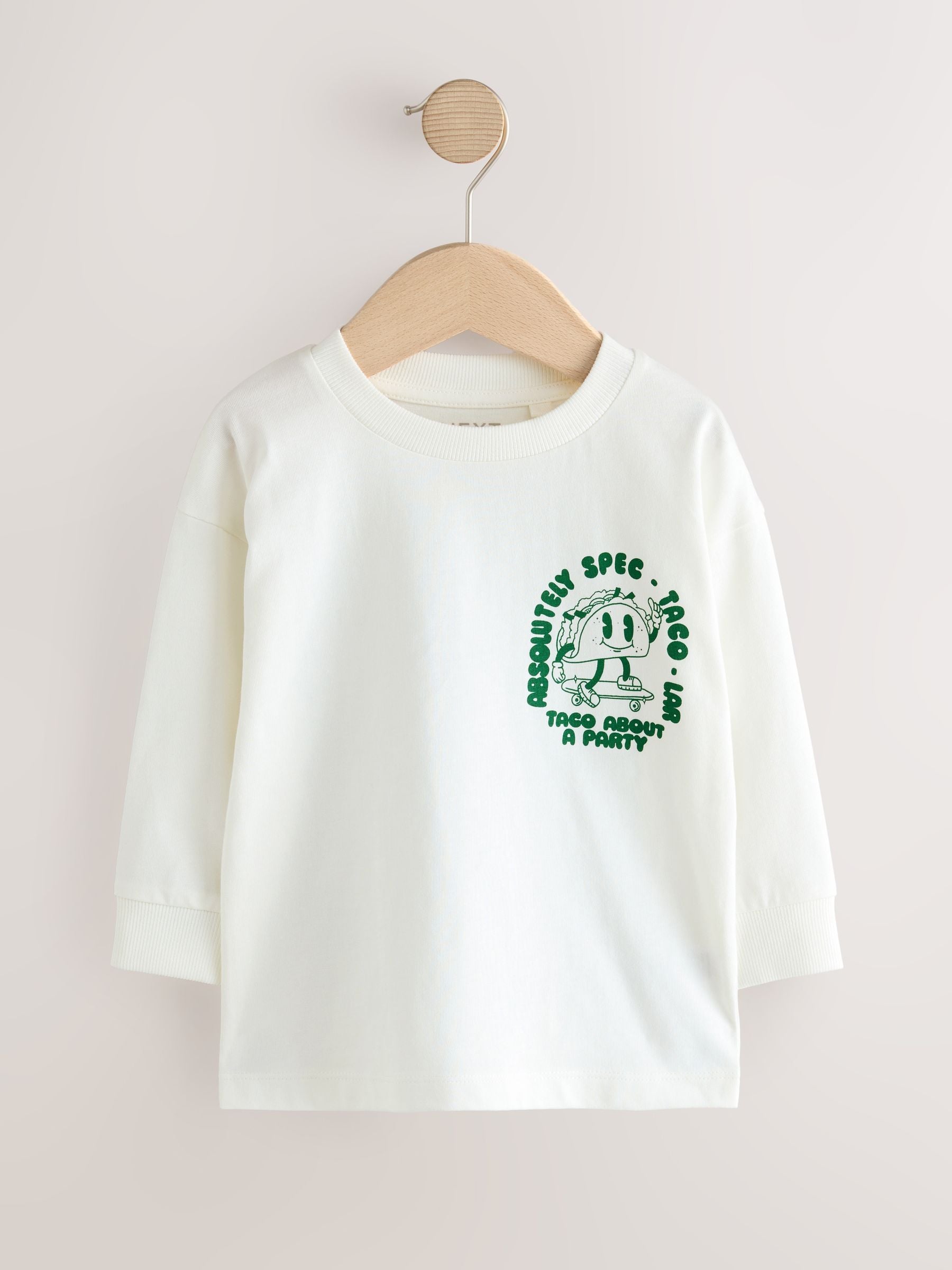 Witte/Groene Taco - T-shirt met lange mouwen en print op de rug (3mnd -8jr)