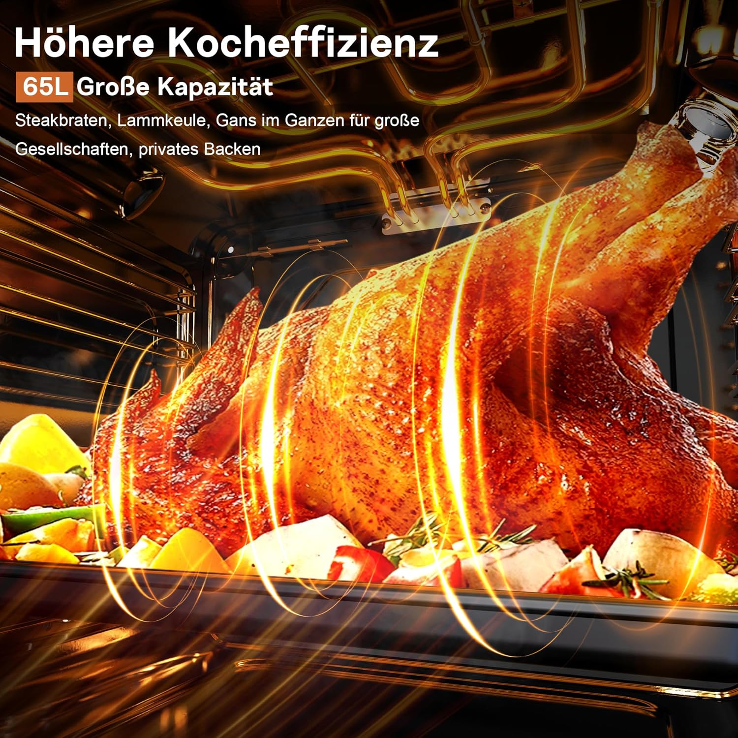 Karinear Einbaubackofen 60 cm mit Drehknopfsteuerung, Backofen Einbaugerät 60 x 60 cm mit 4 Programmen, 50-250 °C mit Gehärtete Glasplatte, Einbauofen mit Stecker, 2200W, 65L