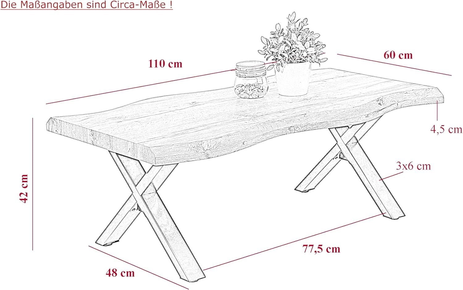 Hela Tische, Baumkantentisch, Couchtisch Gerd, X-Gestell Metall Schwarz, Wabenplatte melaminbeschichtet, Dekor Akazie Grau, 110x60cm
