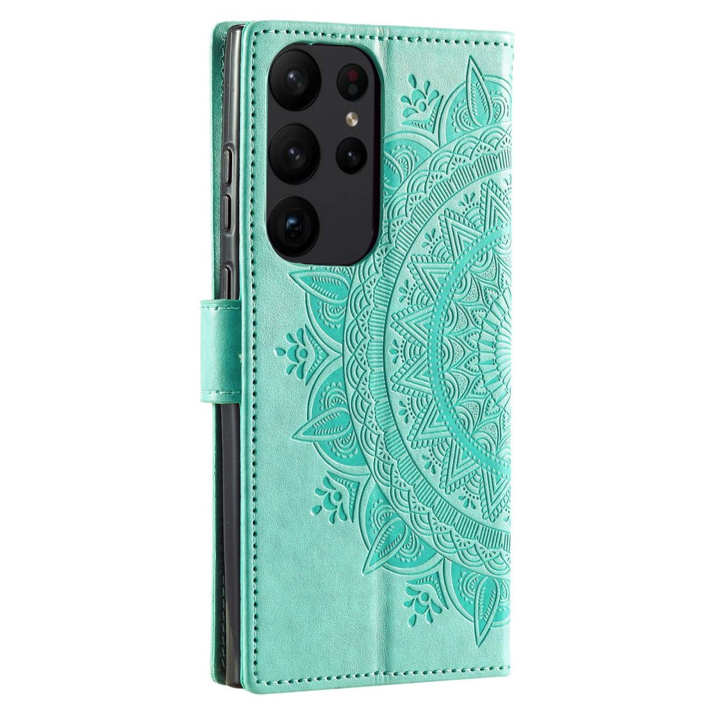 Samsung Galaxy S23 Ultra 5G Leder Tasche Wallet - Mandala Flowers Imprint - Türkis