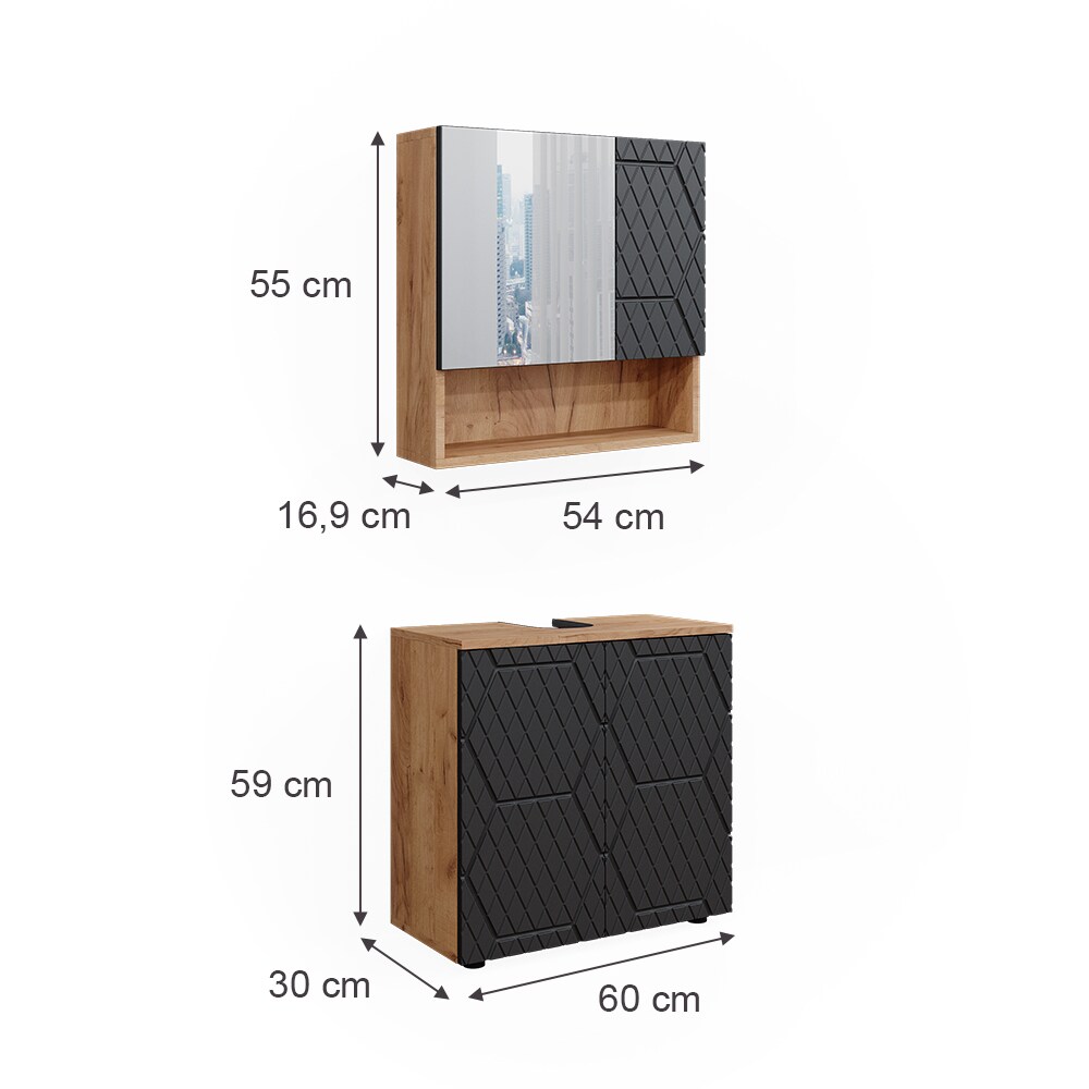 Vicco Badmöbel-Set Irma Eiche Anthrazit 2-teilig Spiegelschrank Waschbeckenschrank 60 cm