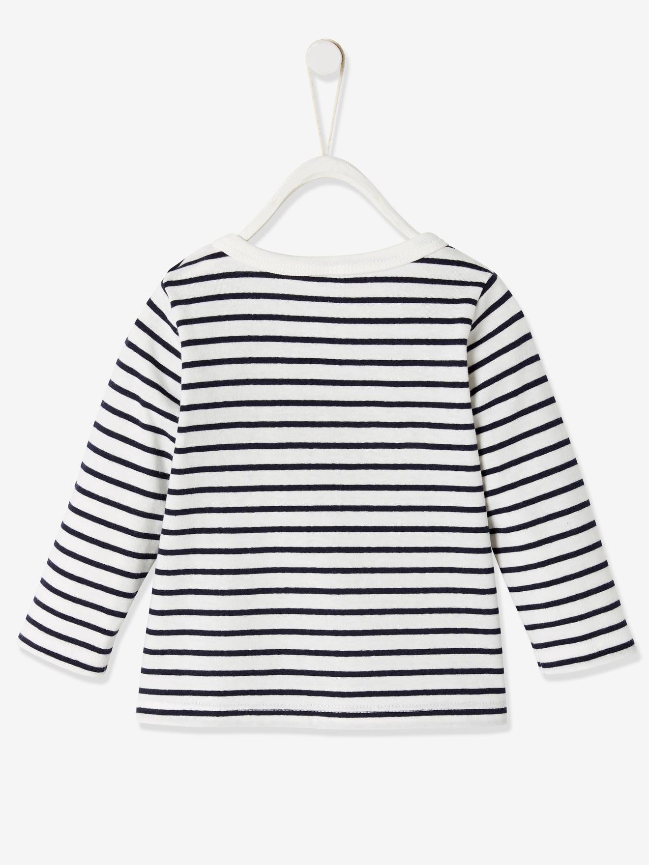 Camiseta listrada azul-escura com mensagem para bebê menino