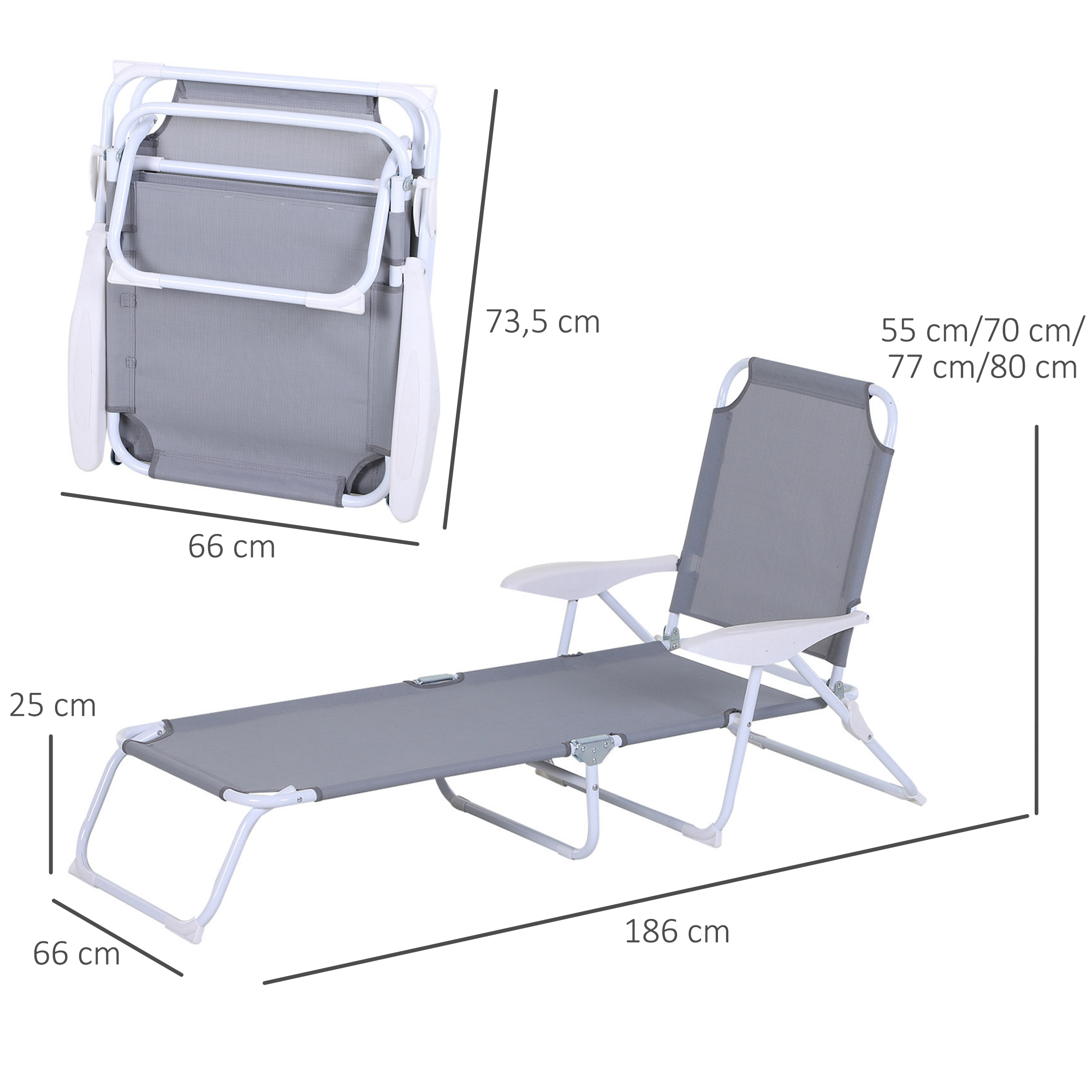 Conjunto de 2 espreguiçadeiras dobráveis Outsunny, espreguiçadeiras de jardim com encosto ajustável em 4 níveis, capacidade de carga de 120 kg, para pátio e piscina, 186 x 66 x 80 cm, cinza