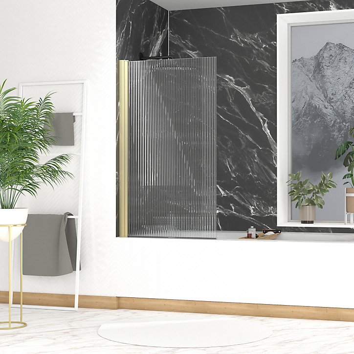 Pare-baignoire rabattable 140 x 80 cm, profilés alu doré, verre ondulé, Galedo Wave
