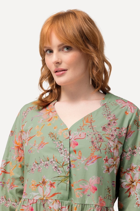 Tunikakleid, floraler Druck, V-Ausschnitt, 3/4-Arm