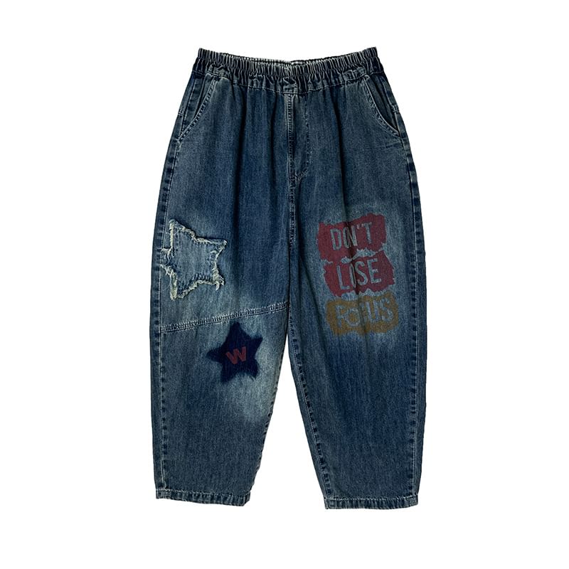 Shinobu - Elastische taille met lettersprint, sterrenapplicatie en gewassen cropped baggy jeans