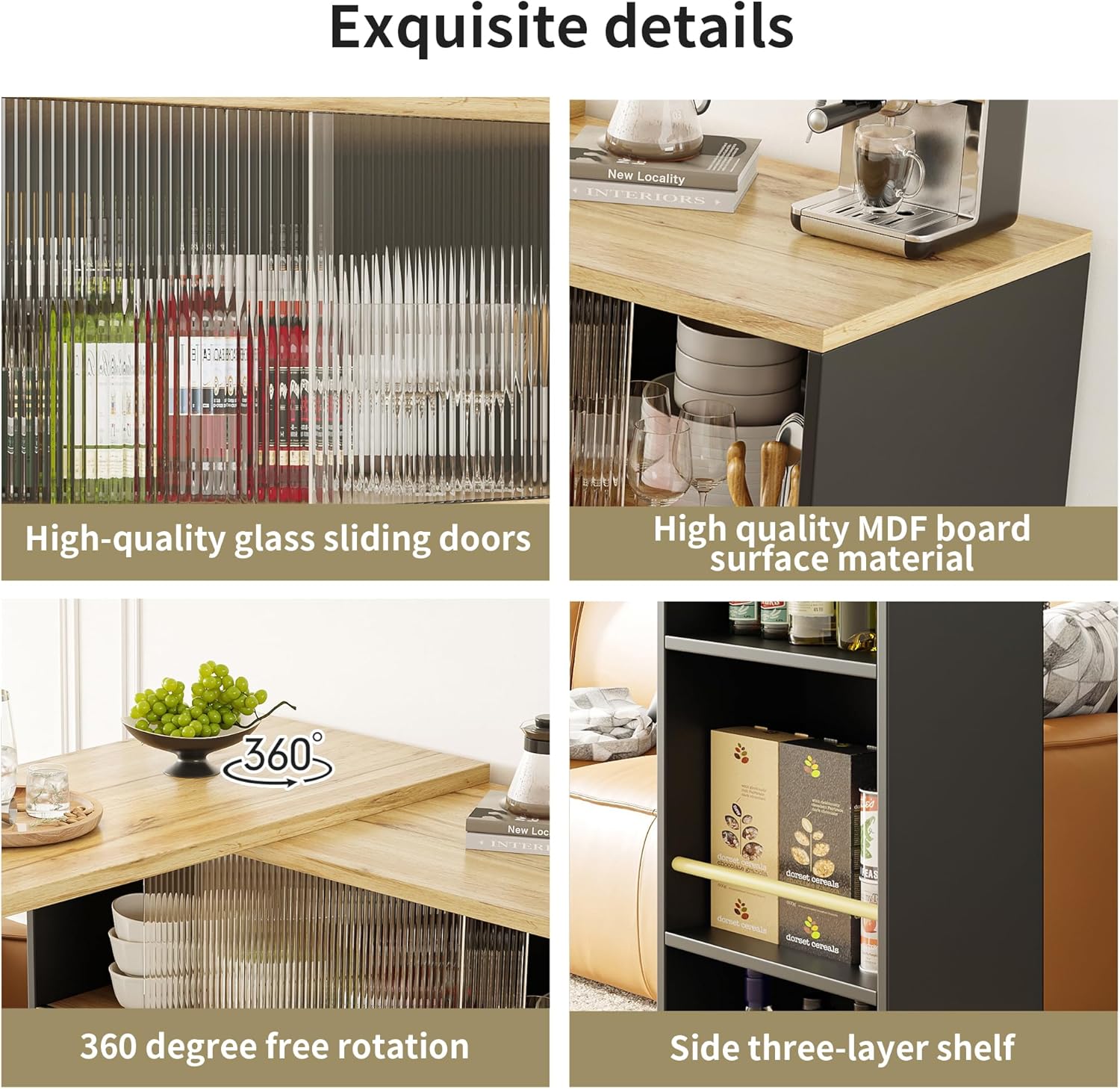 Azkoeesy Bartisch Esstisch 360° drehbare mit Stauraum, 90 x 45 x 100-165 cm, mit Rollen, Seitenregal, Schiebetüren aus Glas, Stehtisch/Bistrotisch/Hochtisch/Kücheninsel, schwarz