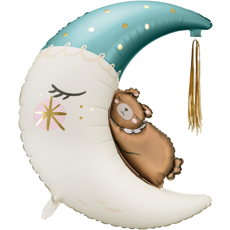 Partydeco Folienballon Teddybär auf dem Mond, beige/hellblau