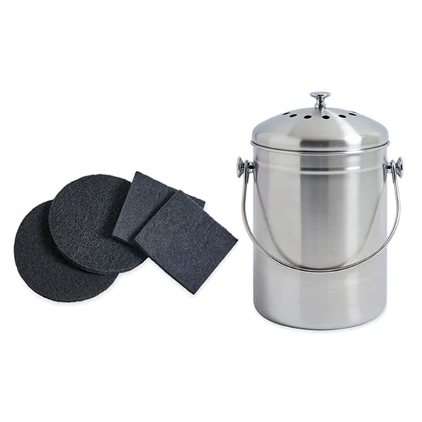 Lot seau à compost en inox 5 L et 4 filtres à charbon antiodeurs Matho