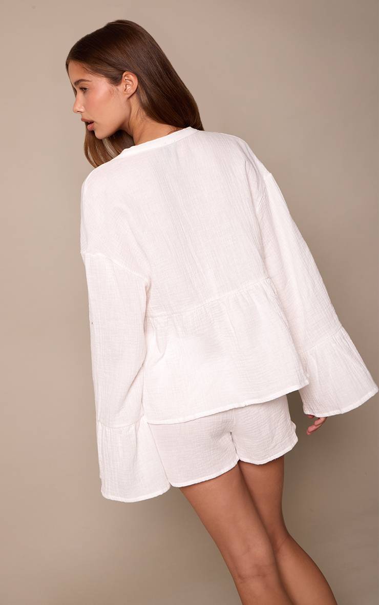 Blanc Ensemble Coordonné Short En Gaze De Coton Avec Lien À La Taille