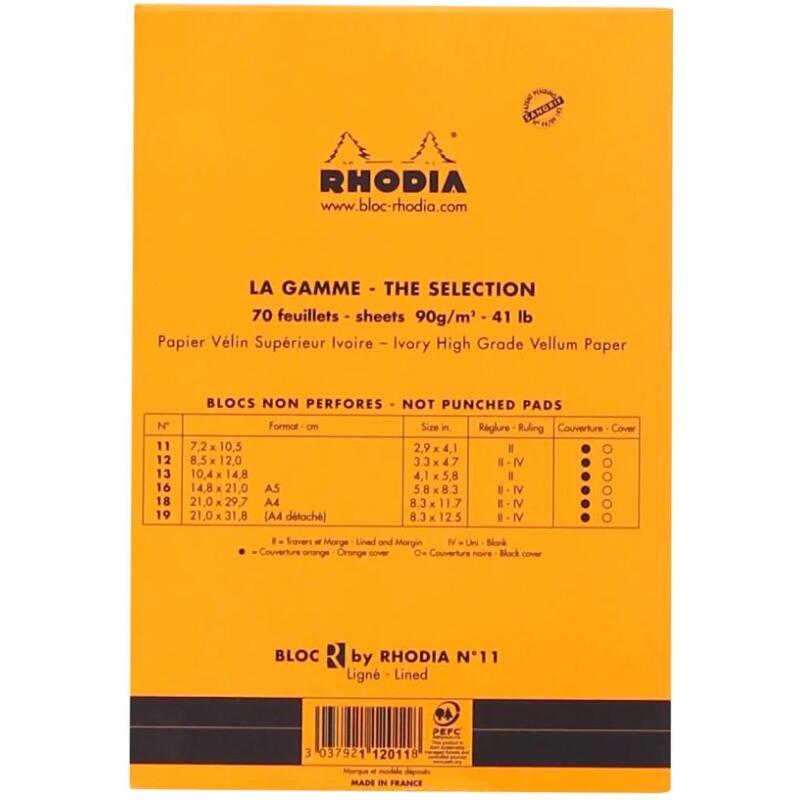 Bloc agrafé Rhodia le R N°11 7,2x10,5 cm 70 feuillets ligné 90g - Orange
