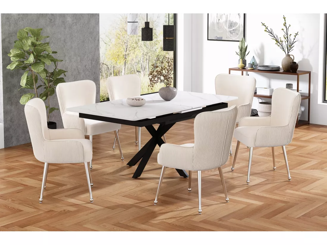 Lot de 6 chaises avec accoudoirs et pieds réglables, Velours et métal, soutien lombaire, Beige