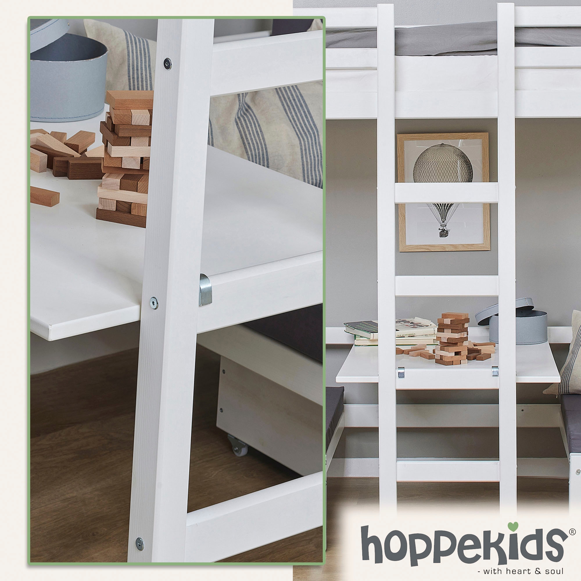 Hoppekids Hochbett »Kinderbett ECO Dream, Einzelbett, Juniorbett 90x200« 5 verschiedene Farben: Weiss, Grün, Blau, Rosa, Grau