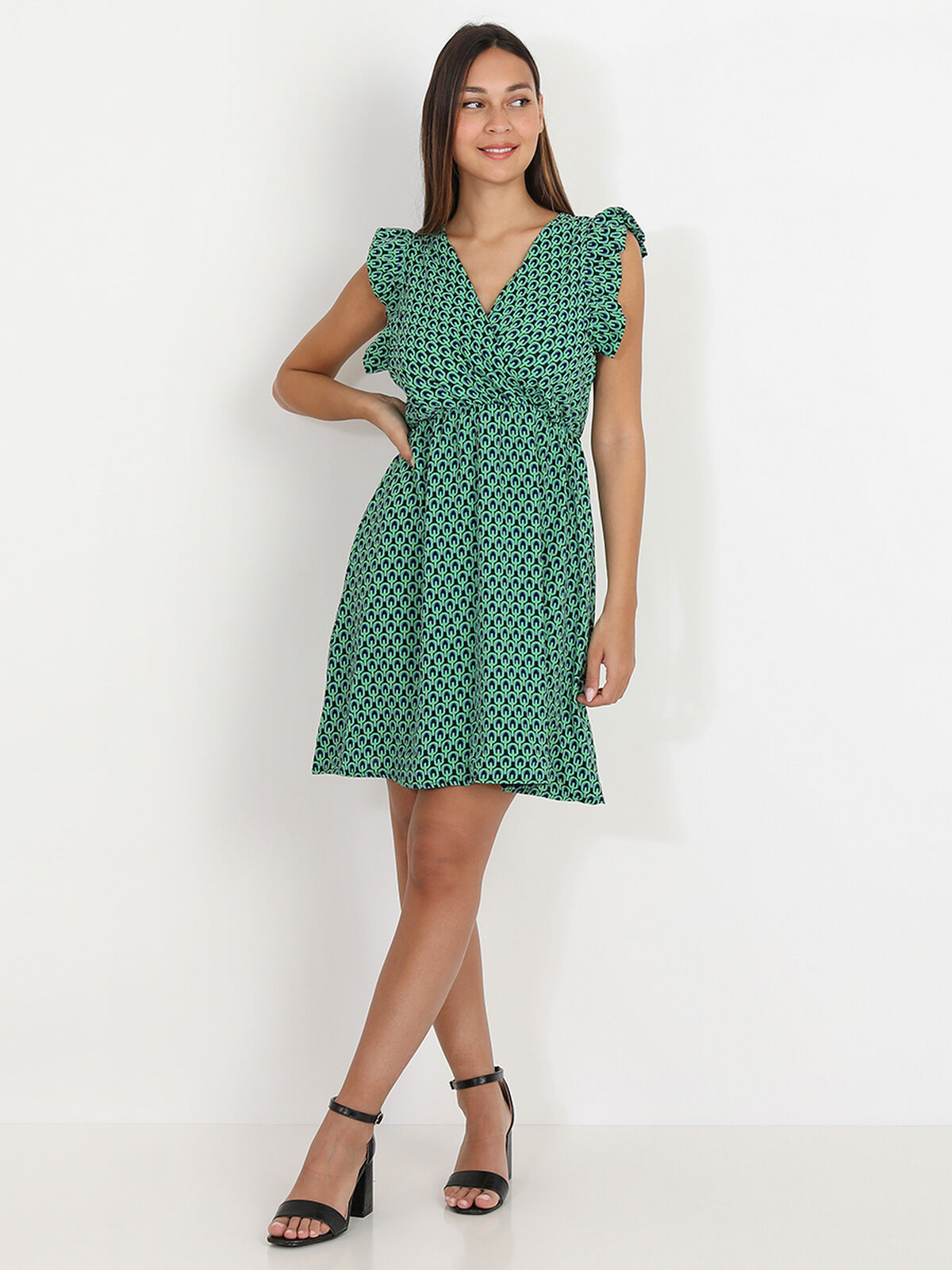 Robe patineuse verte à motif graphique rétro Vert- Vert