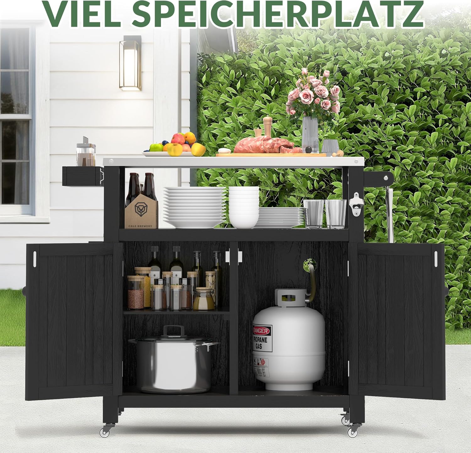 Wetterfeste HIPS Outdoor Kücheninsel mit Edelstahlplatte & Aufbewahrungsschrank, bewegliche Vorbereitungstisch mit Rädern für BBQ-Zubereitung, Outdoor Grillwagen für Parties, Schwarz
