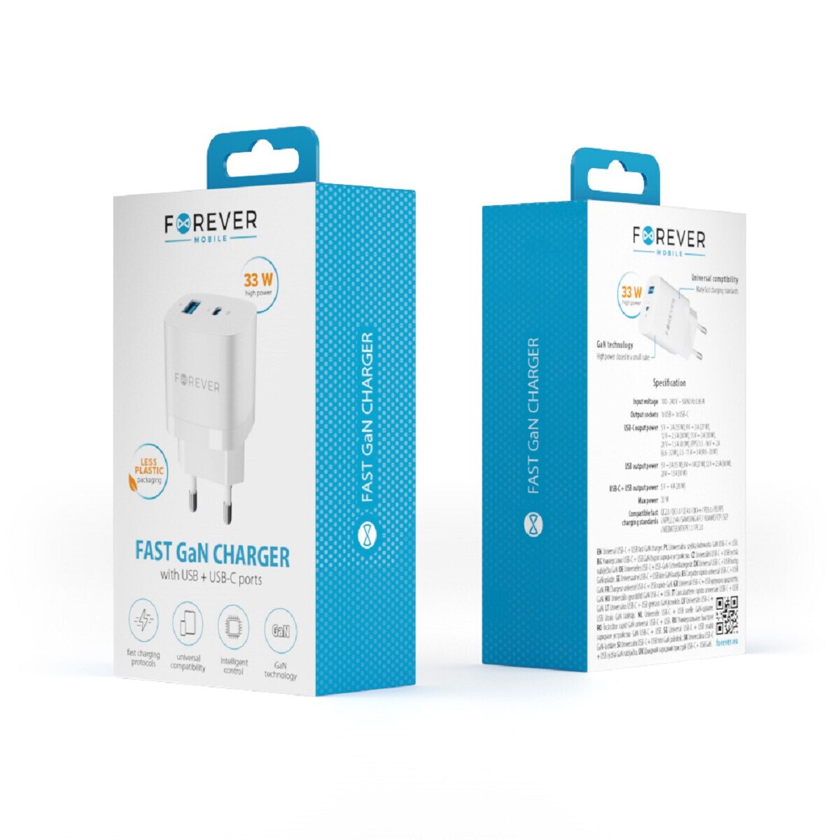 Forever TC-05 GaN PD QC Netzladegerät 1x USB-C 1x USB 33W Handy-Ladege