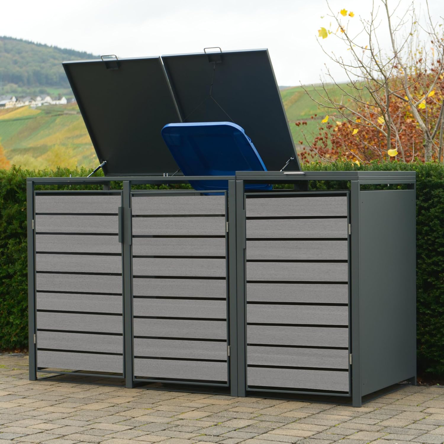 Zelsius Mülltonnenbox 4 Tonnen | 120-240 Liter | Anthrazit RAL 7016 | Tür in hellgrauer Holzoptik inkl. Erweiterungsmöglichkeit | Aufbewahrungsbox für Mülltonnen, Mülltonnenbox 4er