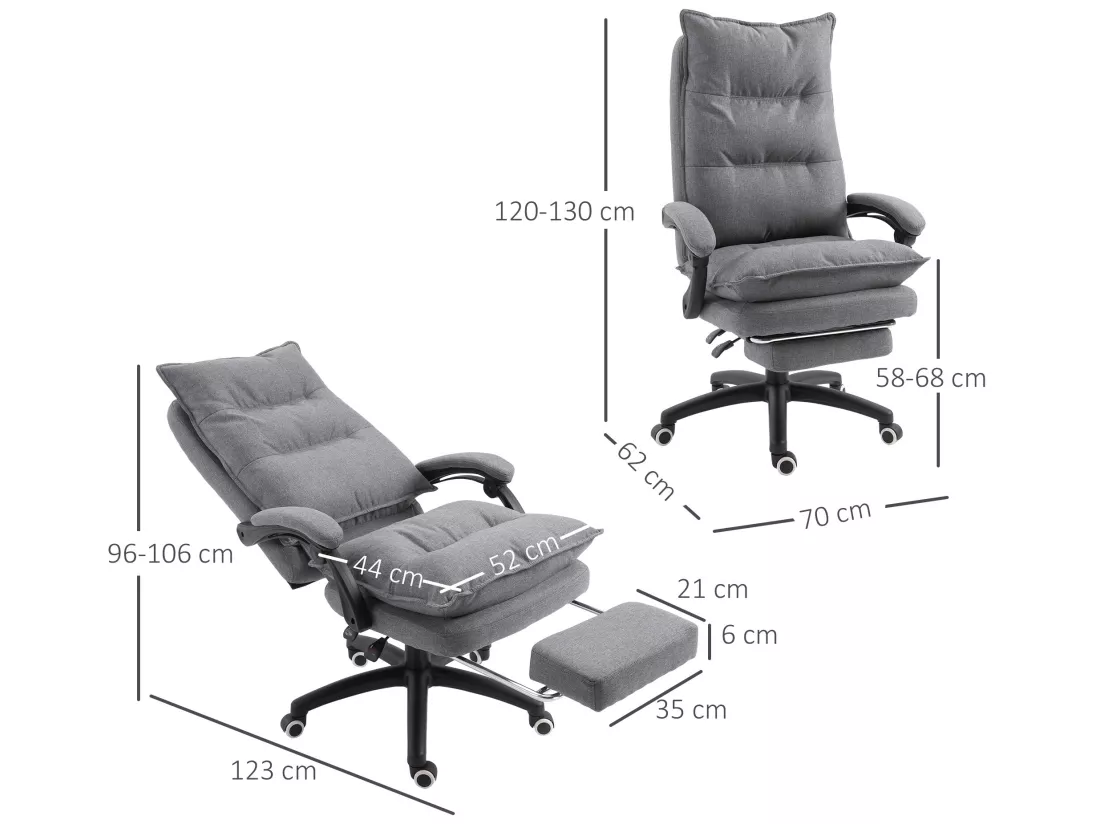 Fauteuil de bureau direction massant hauteur réglable dossier inclinable repose-pied intégré toile de lin gris chiné
