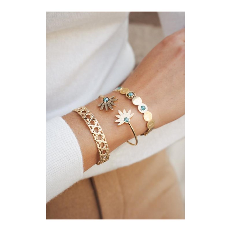 Bracelet rigide en acier doré ajustable avec pierres de crystal vertes