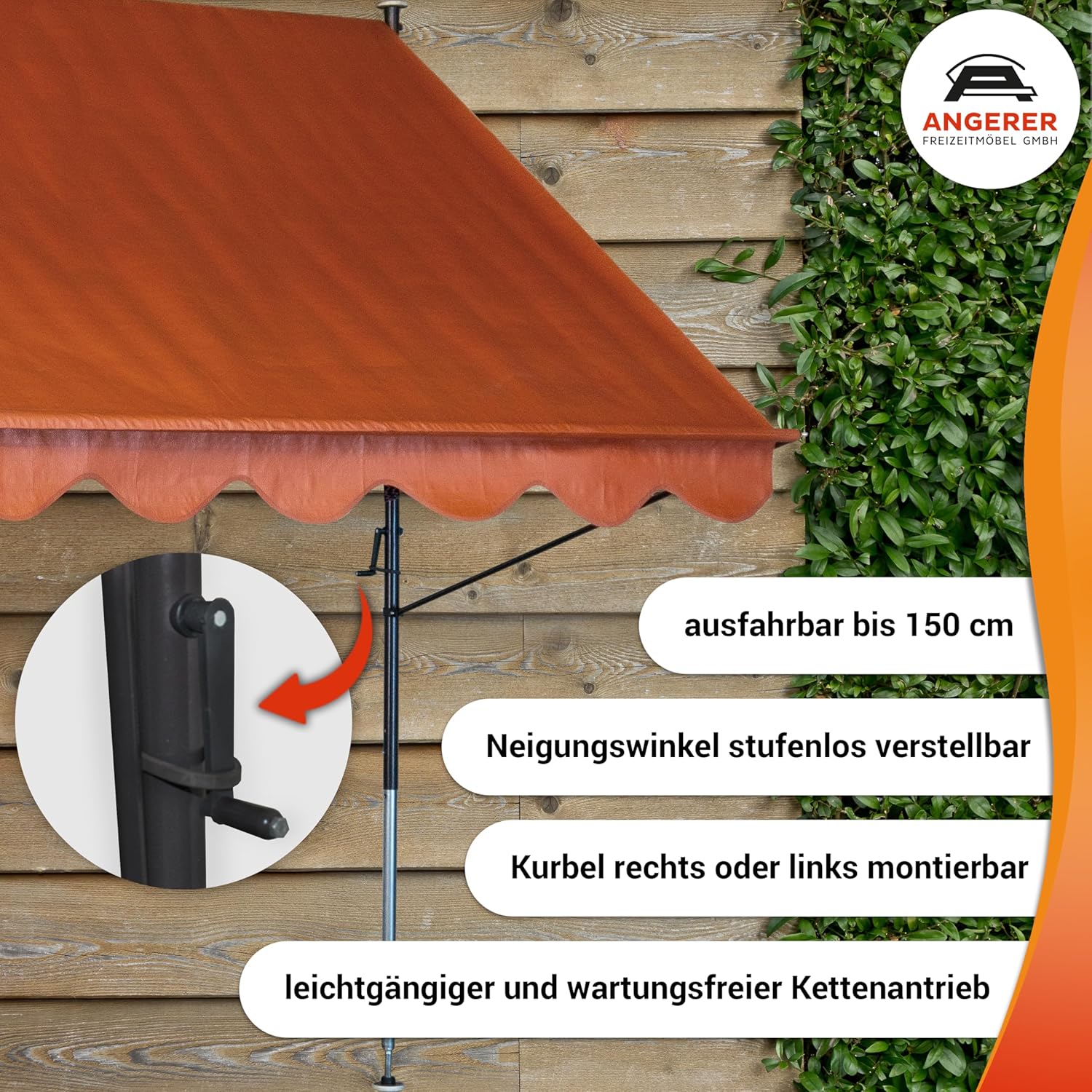Angerer Klemmmarkise Standard mit Handkurbel, Terrasse/Balkon, einfache Montage ohne Bohren, Made in Germany, Kunststoff-Bezug, UV-beständig, höhenverstellbar, wasserabweisend, 350 cm Orange