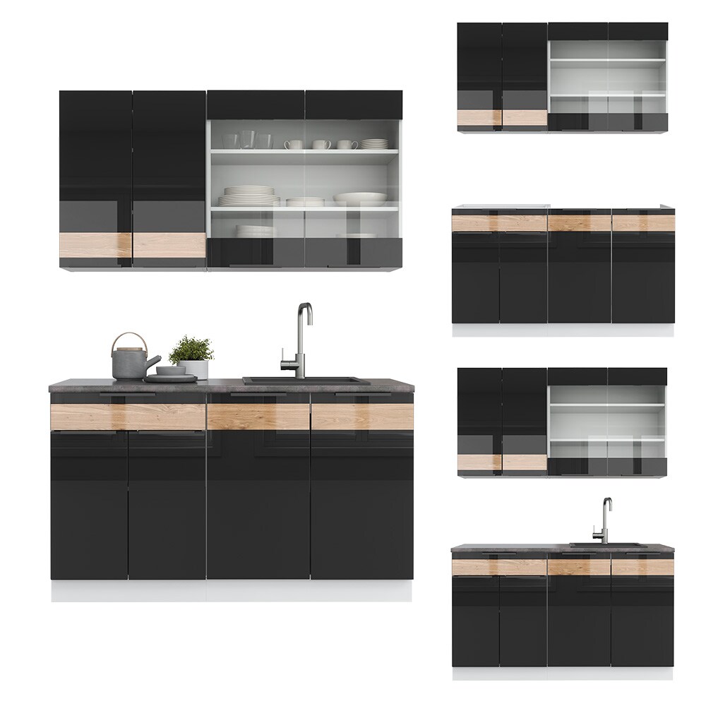 Vicco Küchenzeile Küchenblock Einbauküche Fame-Line Weiß Schwarz Eiche 140 cm modern Hochglanz Küchenschränke Küchenmöbel