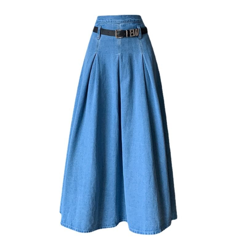 Frigga - Gewassen geplooide maxi-A-lijn denim rok met hoge taille en riem
