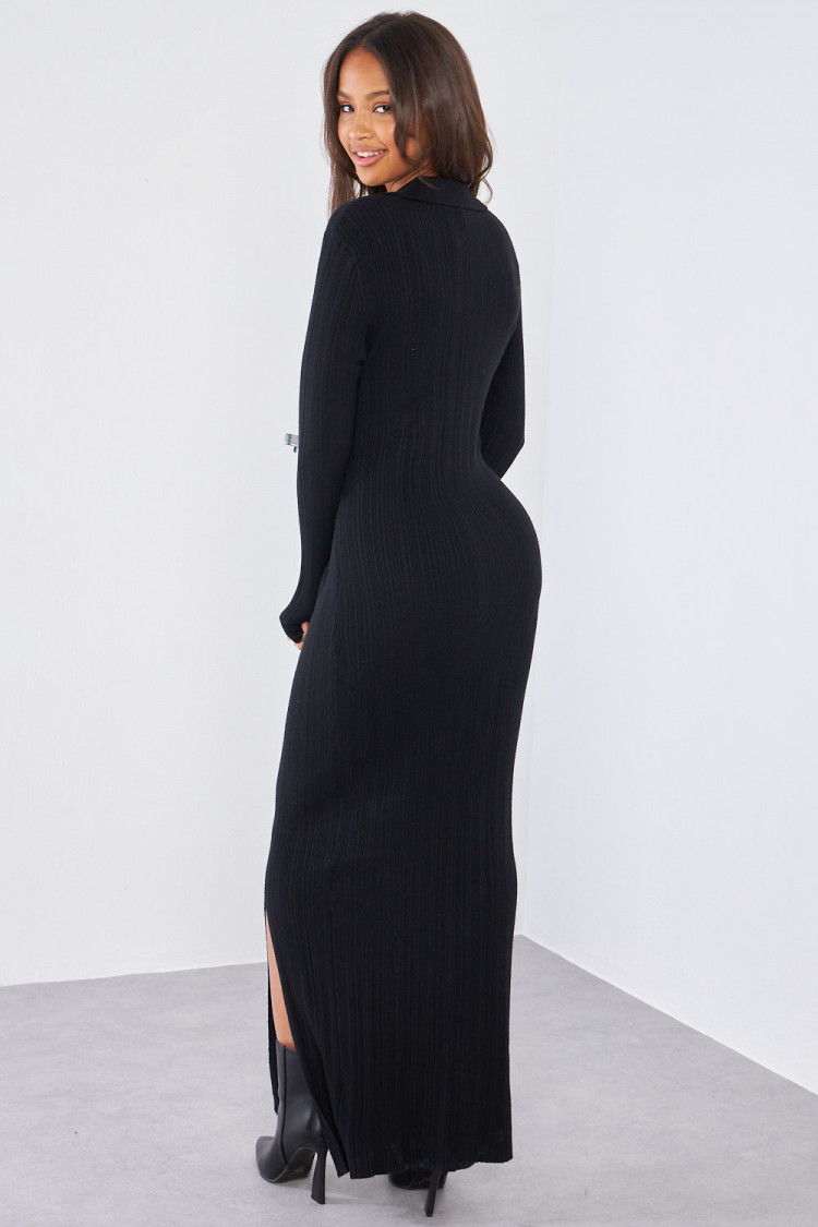 Robe pull noire à col à rabats texturée
