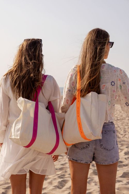 Beige canvas shopper met oranje hengsel