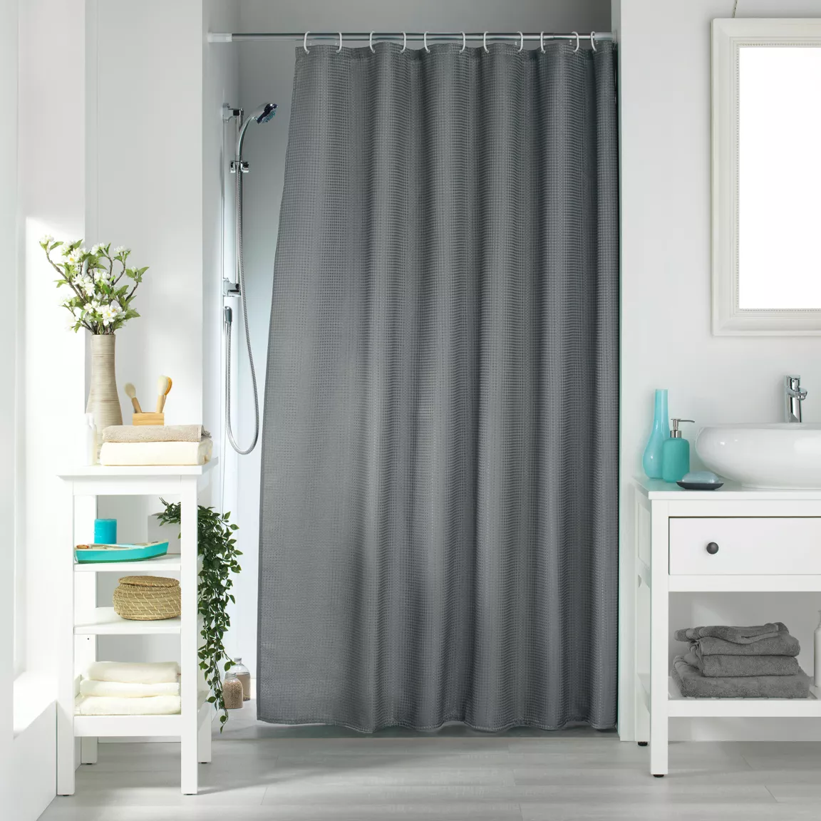 Rideau de douche effet tissé à anneaux (180 x 200 cm) Quartz Gris anthracite
