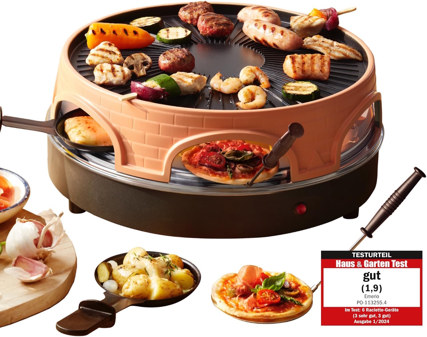 Emerio Pizzaofen, PIZZARETTE das Original, 3 in 1 Pizza-Raclette-Grill, patentiertes Design, für Mini-Pizza, echter Familien-Spaß für 6 Personen, PO-113255.4