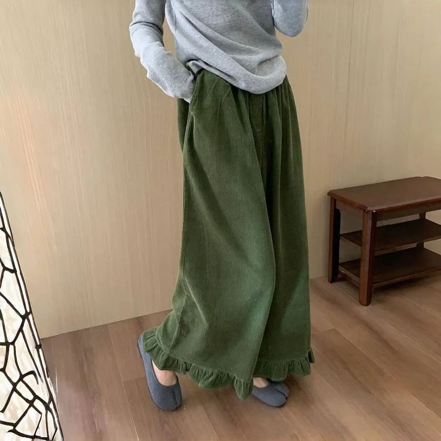Kenning - Hoge taille, effen corduroy cropped broek met wijde pijpen en ruches