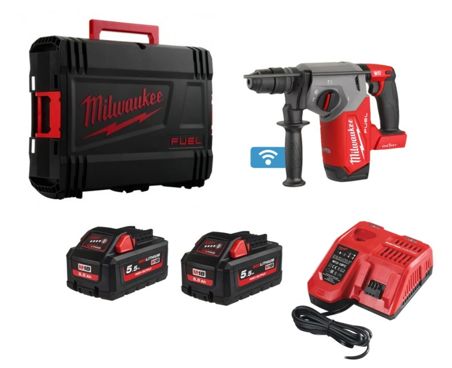 Milwaukee M18 ONEFHX-552X 18V Li-ion Accu SDS-plus boorhamer set (2x 5.5Ah) Met ONE-KEY Systeem in HD Box