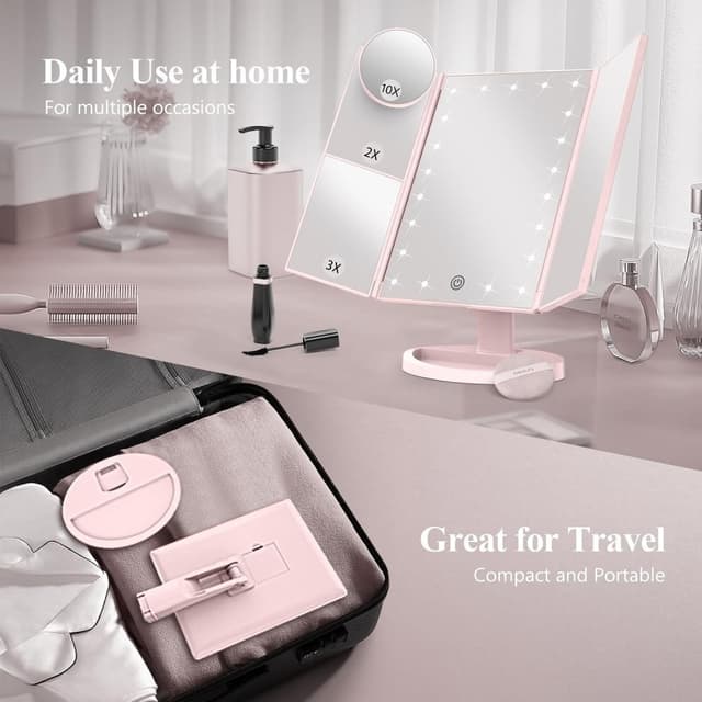 3-sidet sammenfoldelig makeup spejl, der kan dæmpes lys 22LED bordspejl