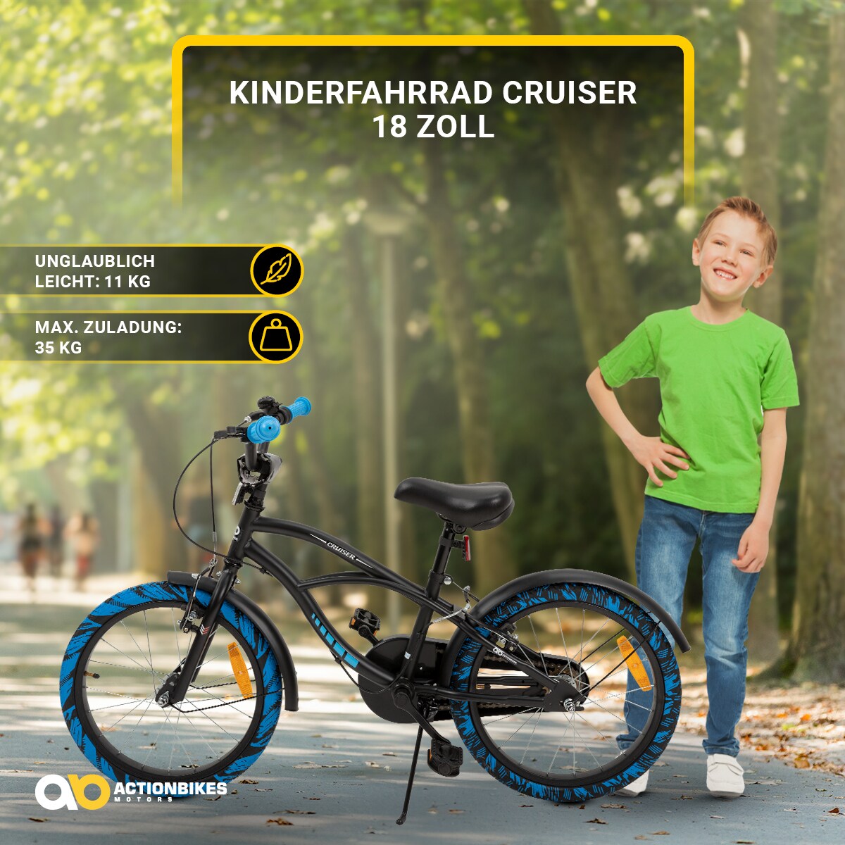 Actionbikes Kinderfahrrad Cruiser 18 Zoll, schwarz, Fahrradständer, Antirutschgriffe, Lenkerschutz (Schwarz/Blau)