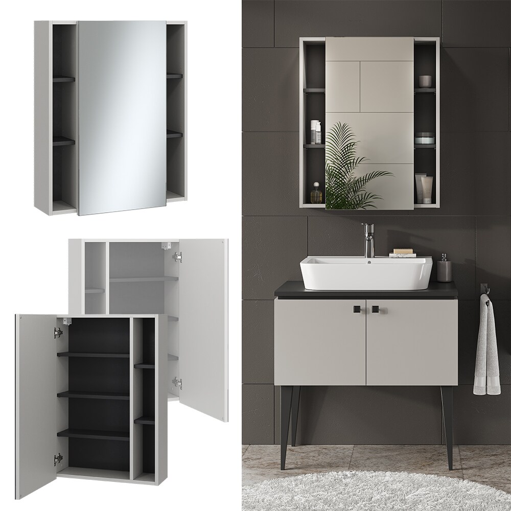 Vicco Spiegelschrank Gerta, 65 x 80 cm, Grau-Schwarz, Badezimmerschrank mit Spiegel