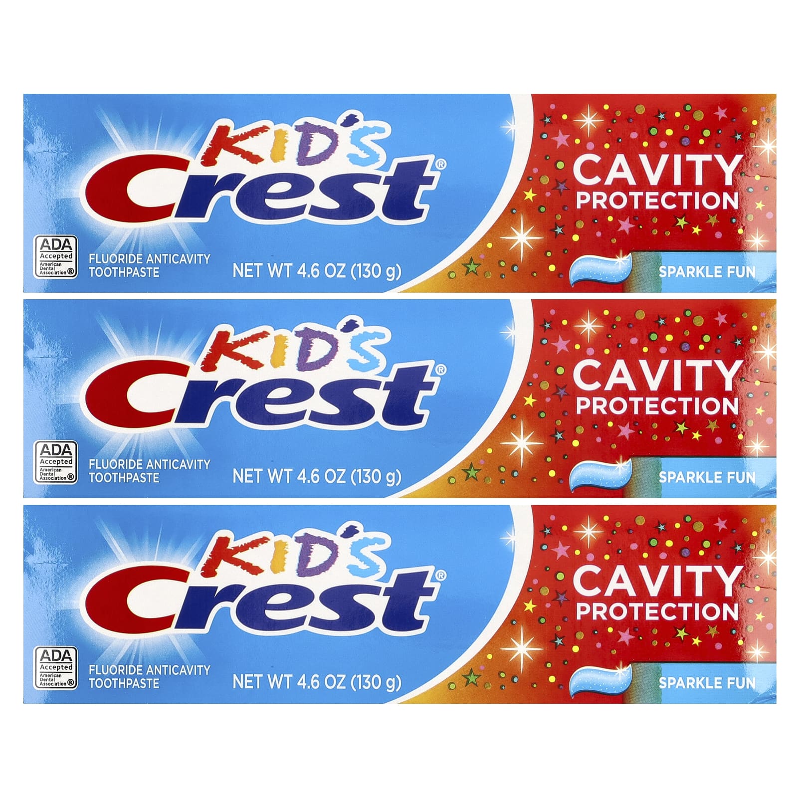Crest, Kinderen, bescherming tegen gaatjes, fluoride tandpasta tegen gaatjes, sprankelend plezier, 3-pack, 130 g per stuk