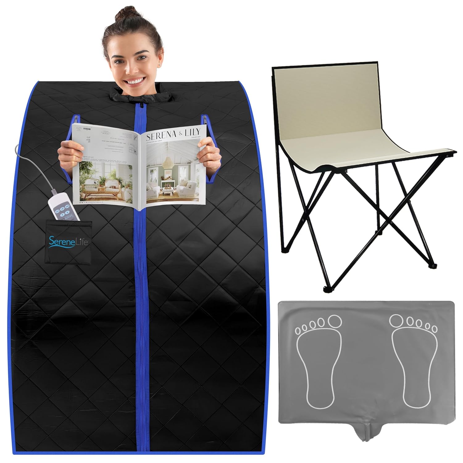 SereneLife Dampfsauna Zelt Schwarz 84×80×103 cm – Tragbare Heimsauna mit Stuhl und Heizmatte Faltbare Mini Sauna - Mobile Dampfbad Kabine bis 60°C, Carbon-Heizelement und Fernbedienung