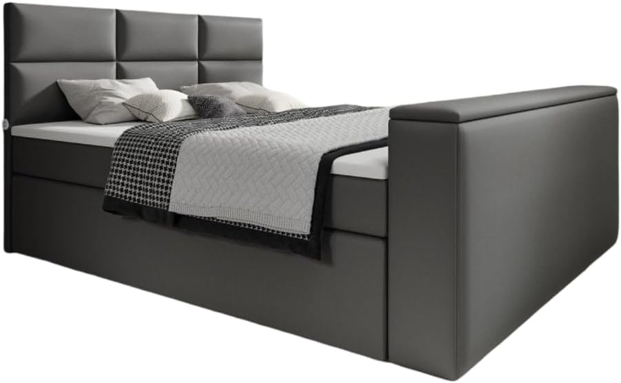 Boxspringbett Carre 180x200 Doppelbett Polsterbett Bett mit TV Lift, USB-Anschluss | Bezug: Kunstleder | Farbe: Grau | Härtegrad: H3 (70-100kg)