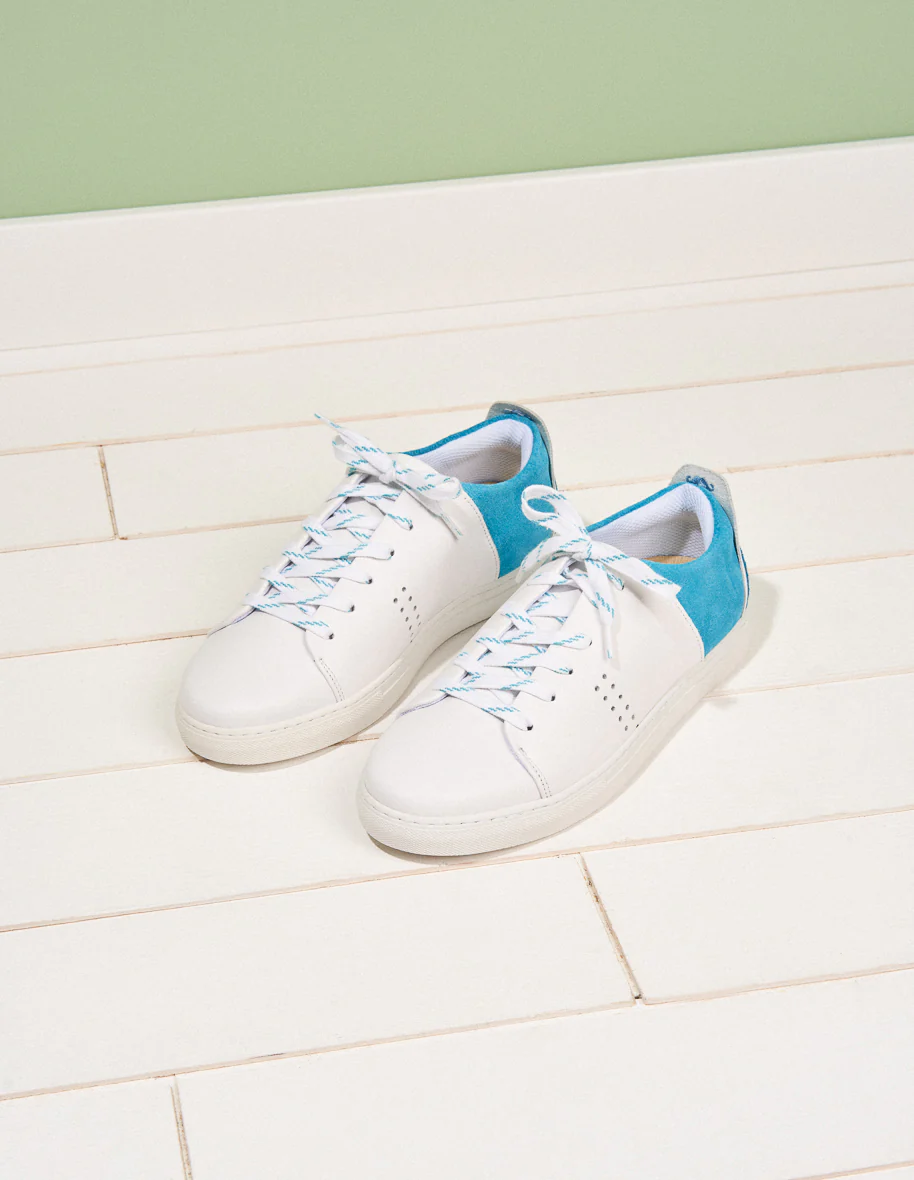 Baskets basses Renée - Cuir blanc turquoise